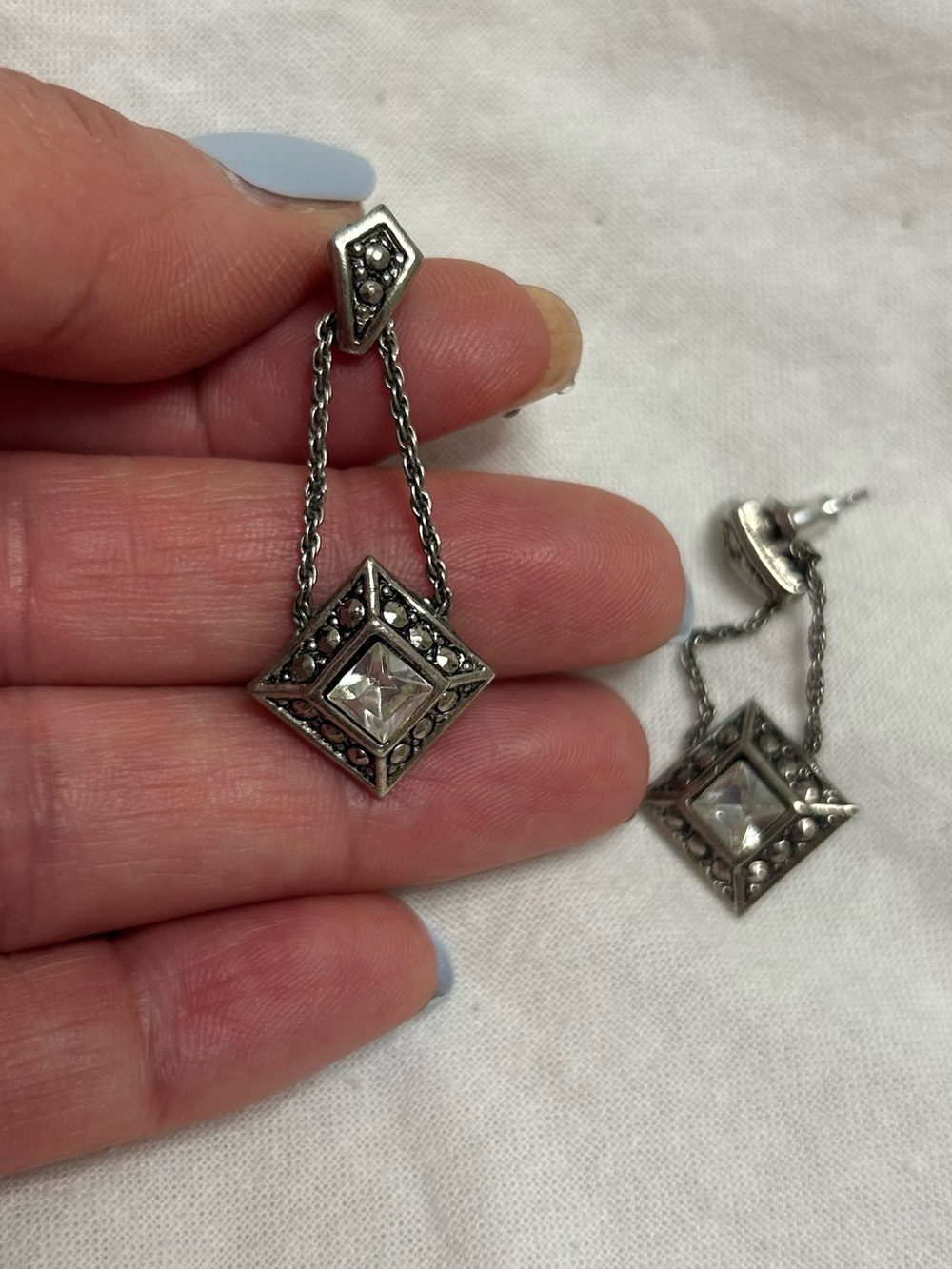 Avon Silver-Tone Dangle Earrings with Clear Square Crystal
